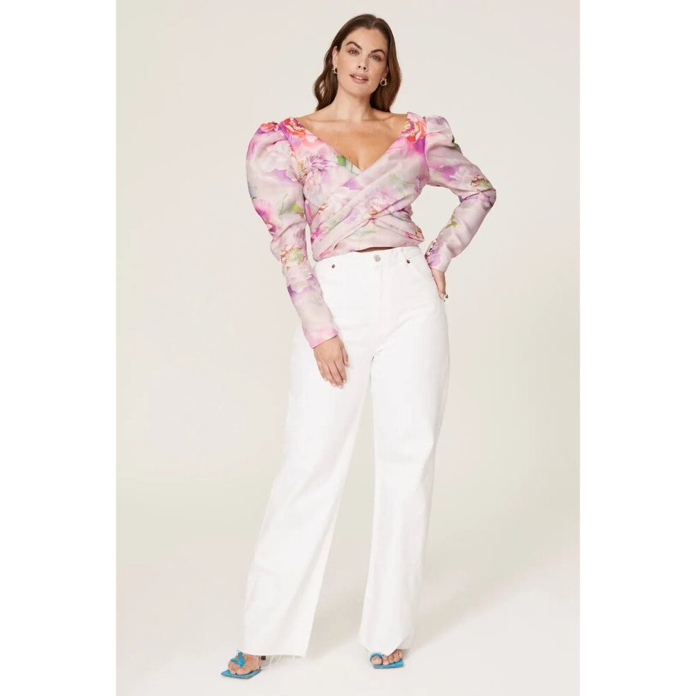 Floral Puff-Sleeve Faux Wrap Blouse in Pink